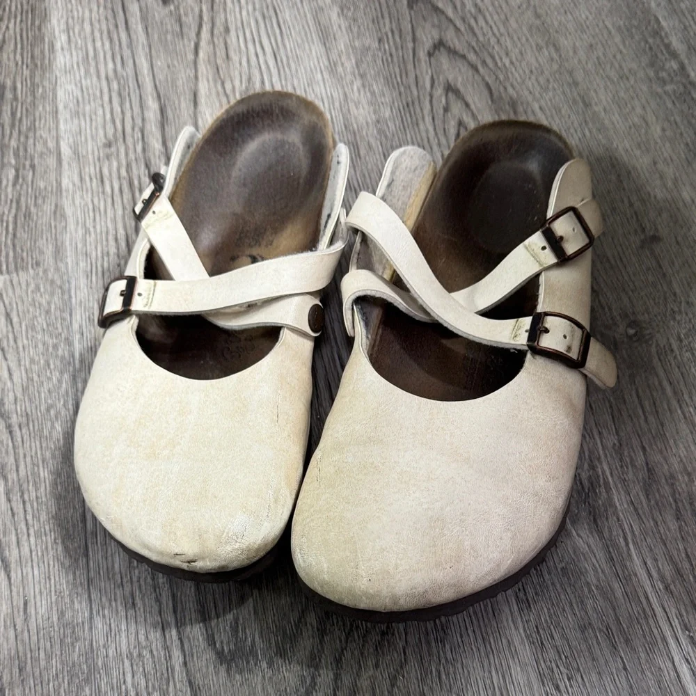Birkenstock Cream Mules with Straps - Picture 1 of 5